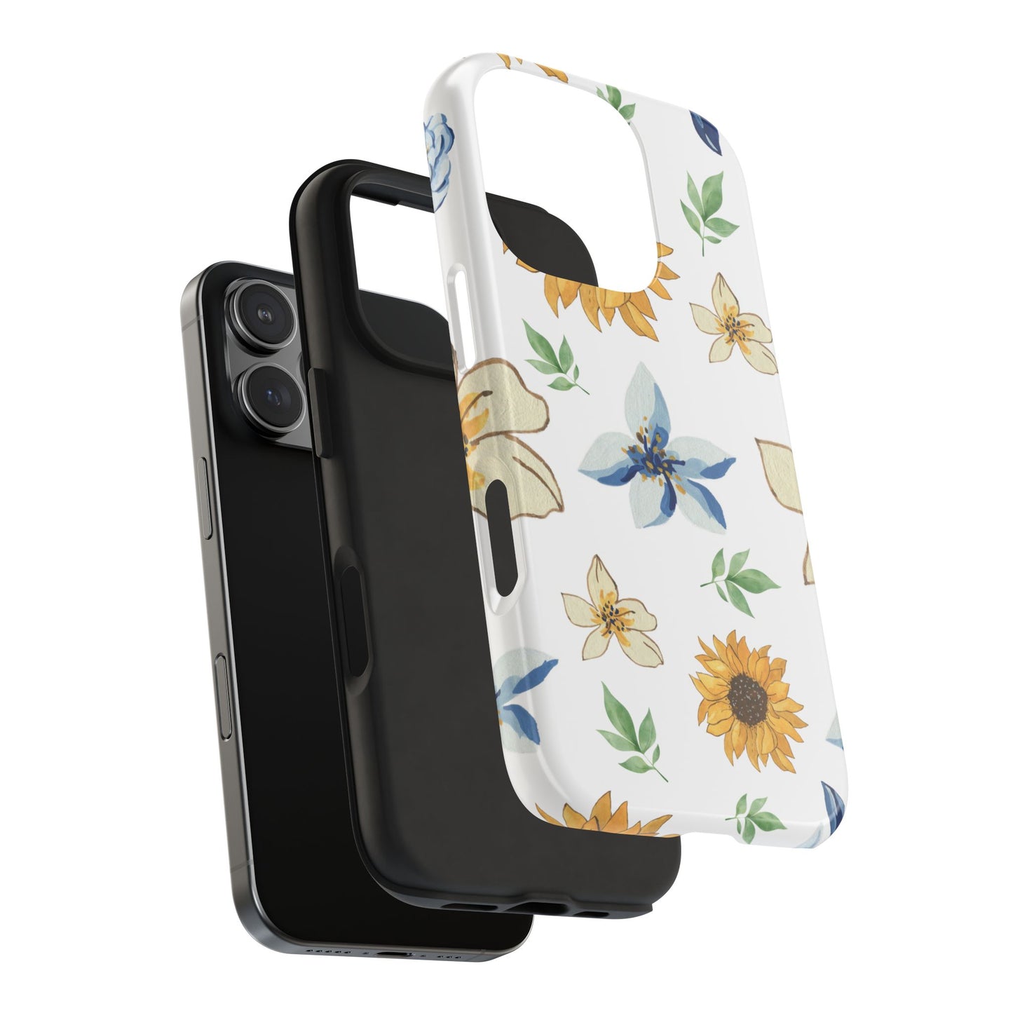 Floral Tough Phone Case — Watercolor Sunflower & Blue Blossom Protective Phone Case