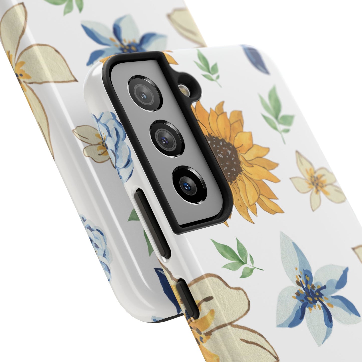 Floral Tough Phone Case — Watercolor Sunflower & Blue Blossom Protective Phone Case