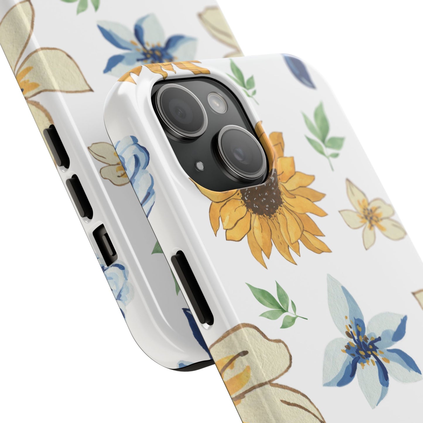 Floral Tough Phone Case — Watercolor Sunflower & Blue Blossom Protective Phone Case