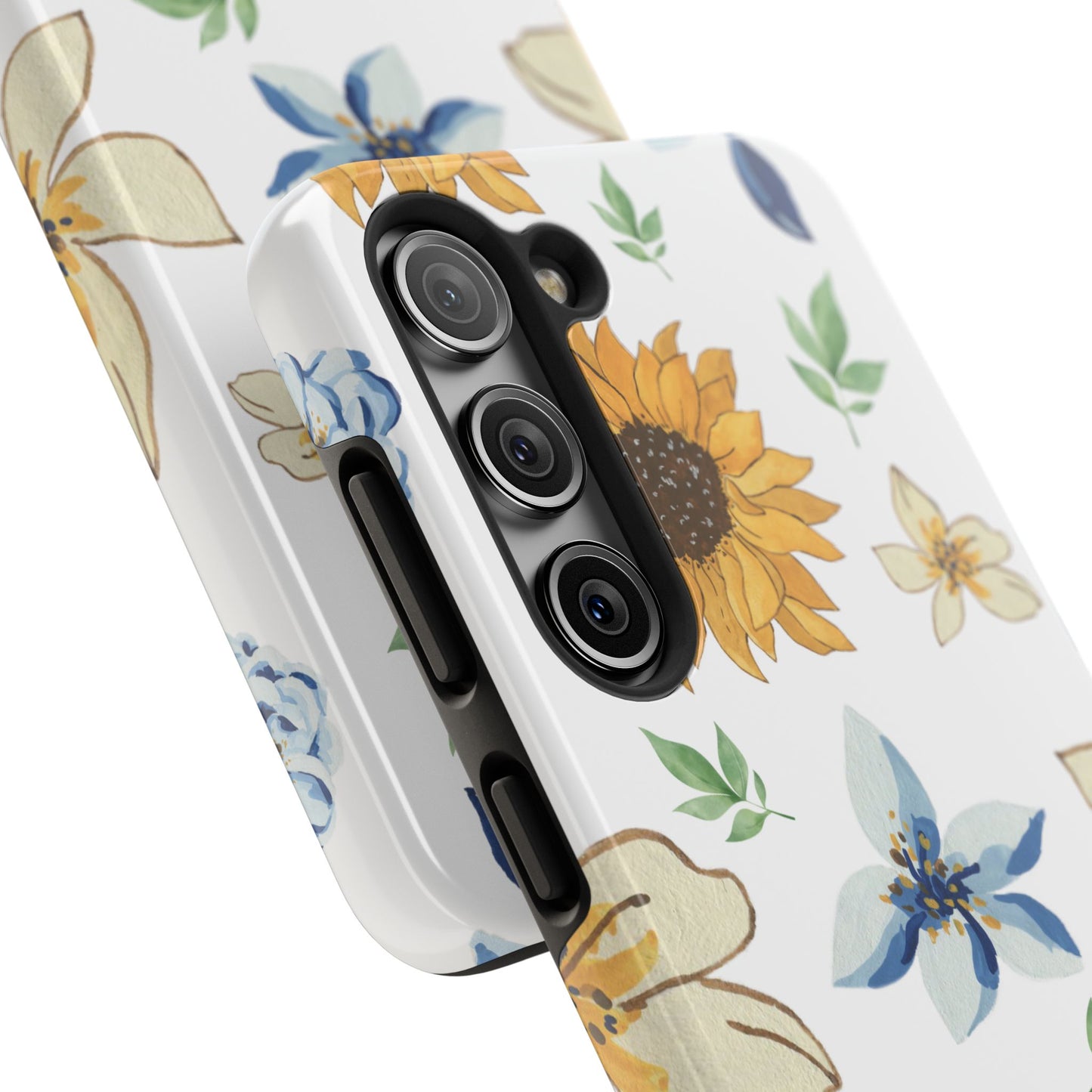 Floral Tough Phone Case — Watercolor Sunflower & Blue Blossom Protective Phone Case