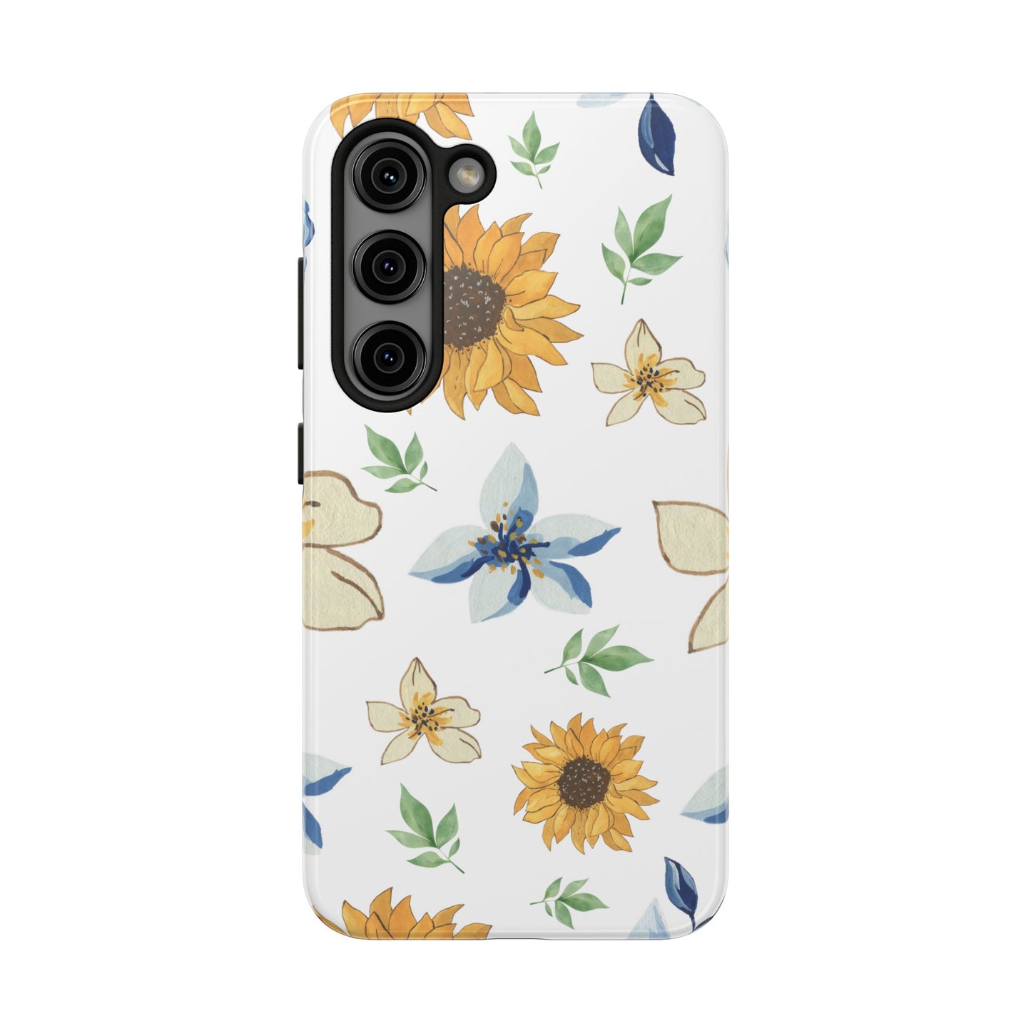 Floral Tough Phone Case — Watercolor Sunflower & Blue Blossom Protective Phone Case