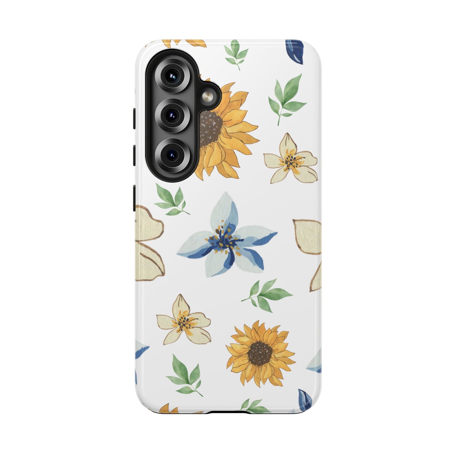 Floral Tough Phone Case — Watercolor Sunflower & Blue Blossom Protective Phone Case
