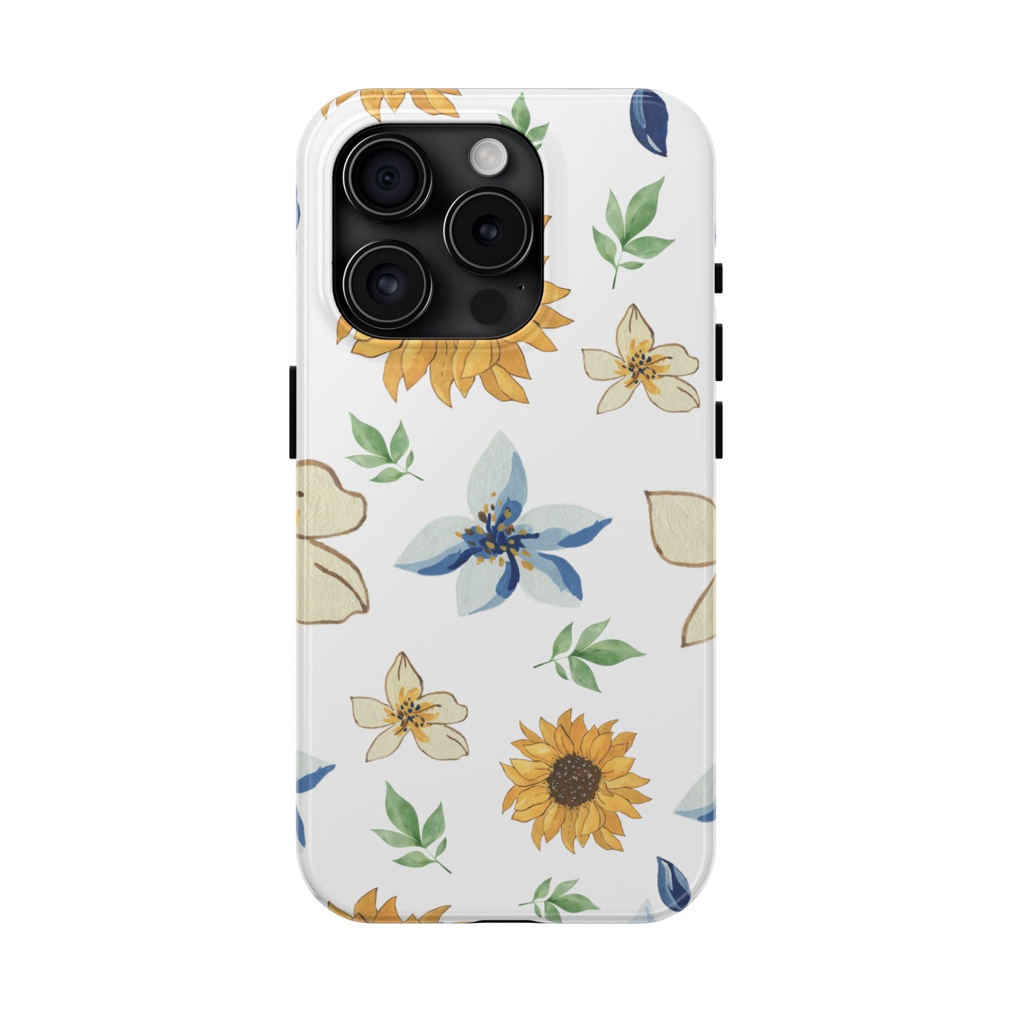 Floral Tough Phone Case — Watercolor Sunflower & Blue Blossom Protective Phone Case