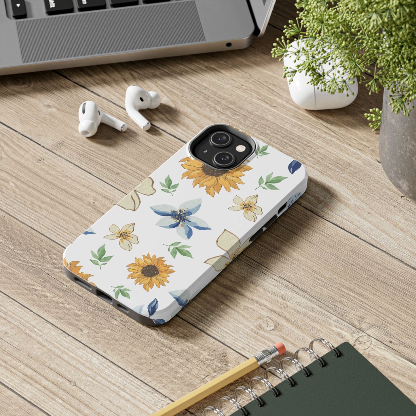 Floral Tough Phone Case — Watercolor Sunflower & Blue Blossom Protective Phone Case