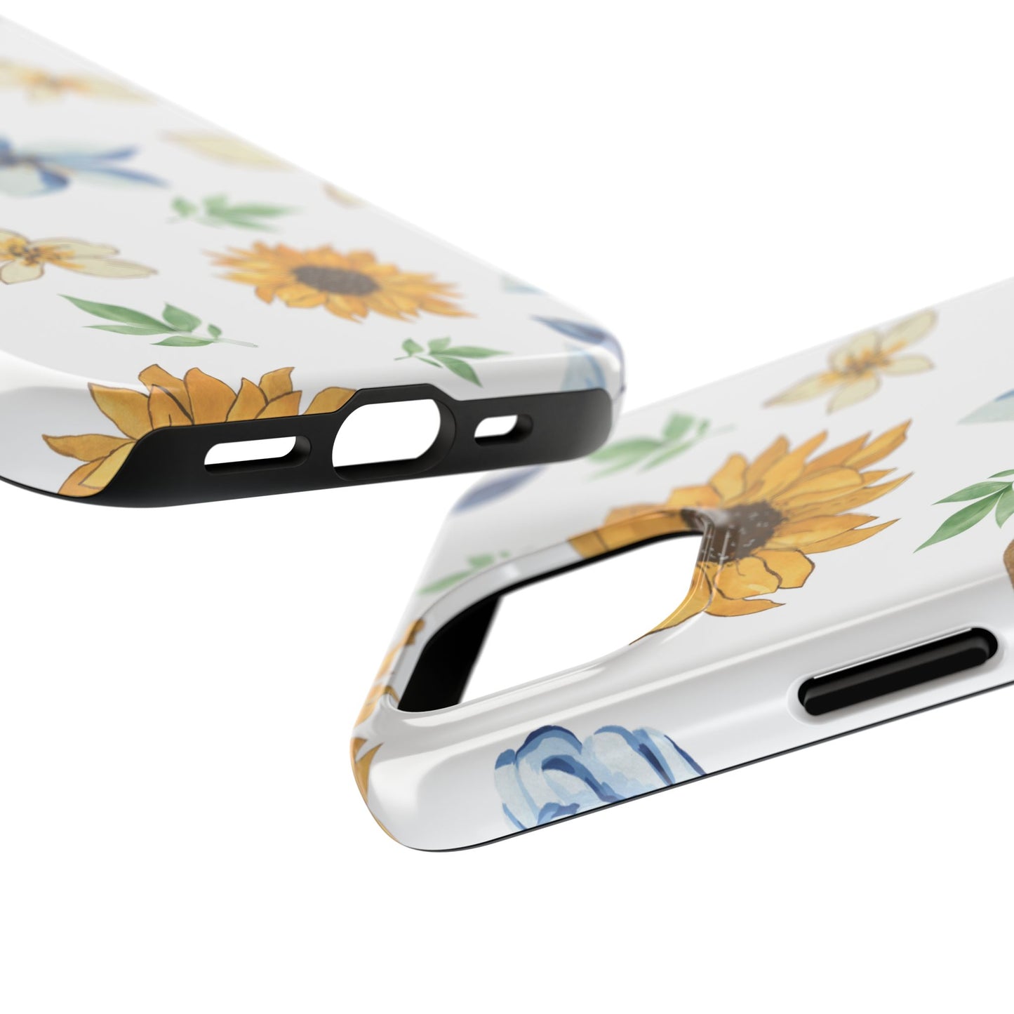 Floral Tough Phone Case — Watercolor Sunflower & Blue Blossom Protective Phone Case