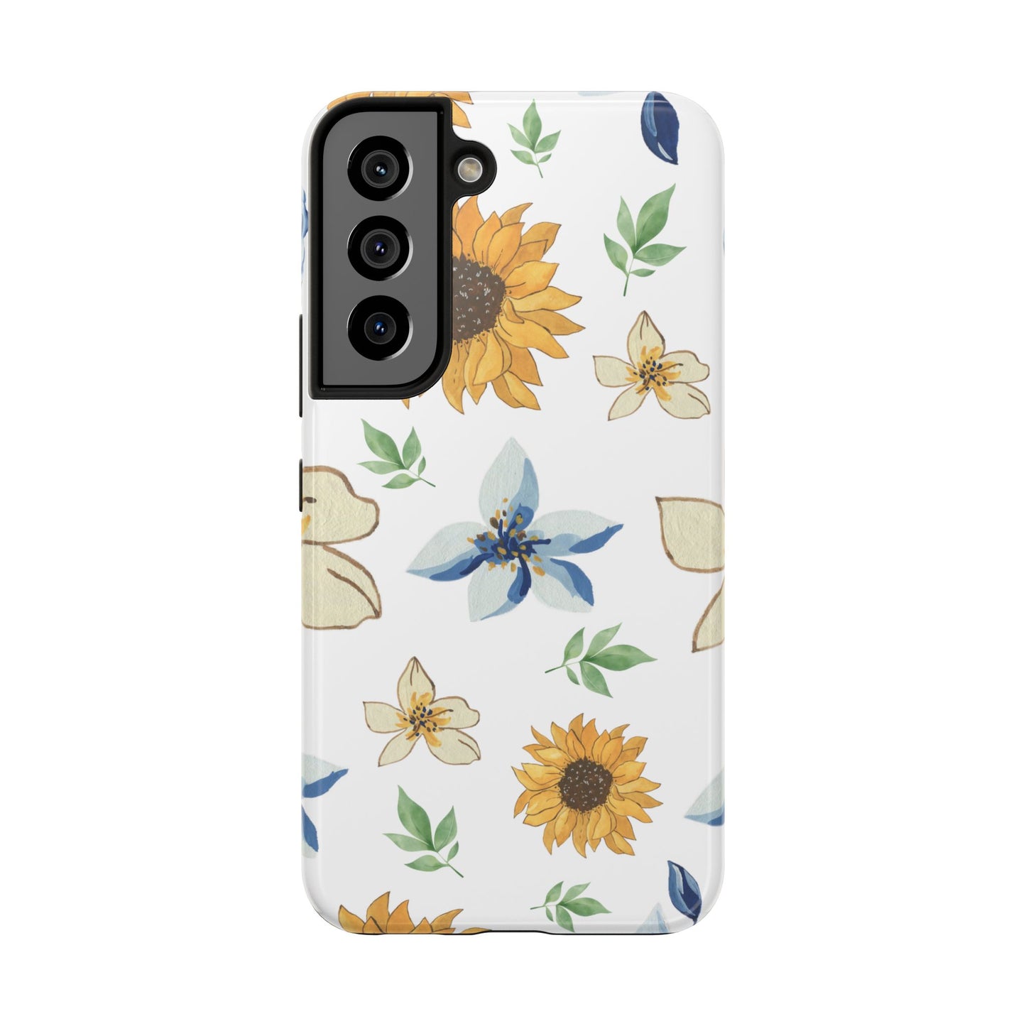 Floral Tough Phone Case — Watercolor Sunflower & Blue Blossom Protective Phone Case