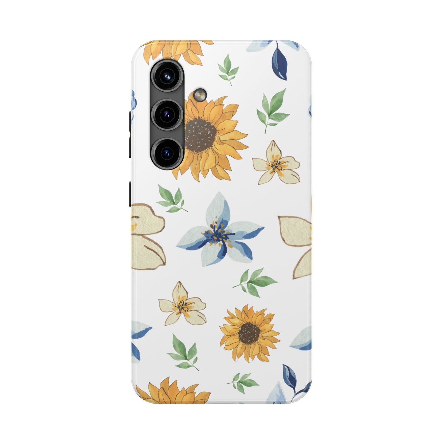 Floral Tough Phone Case — Watercolor Sunflower & Blue Blossom Protective Phone Case