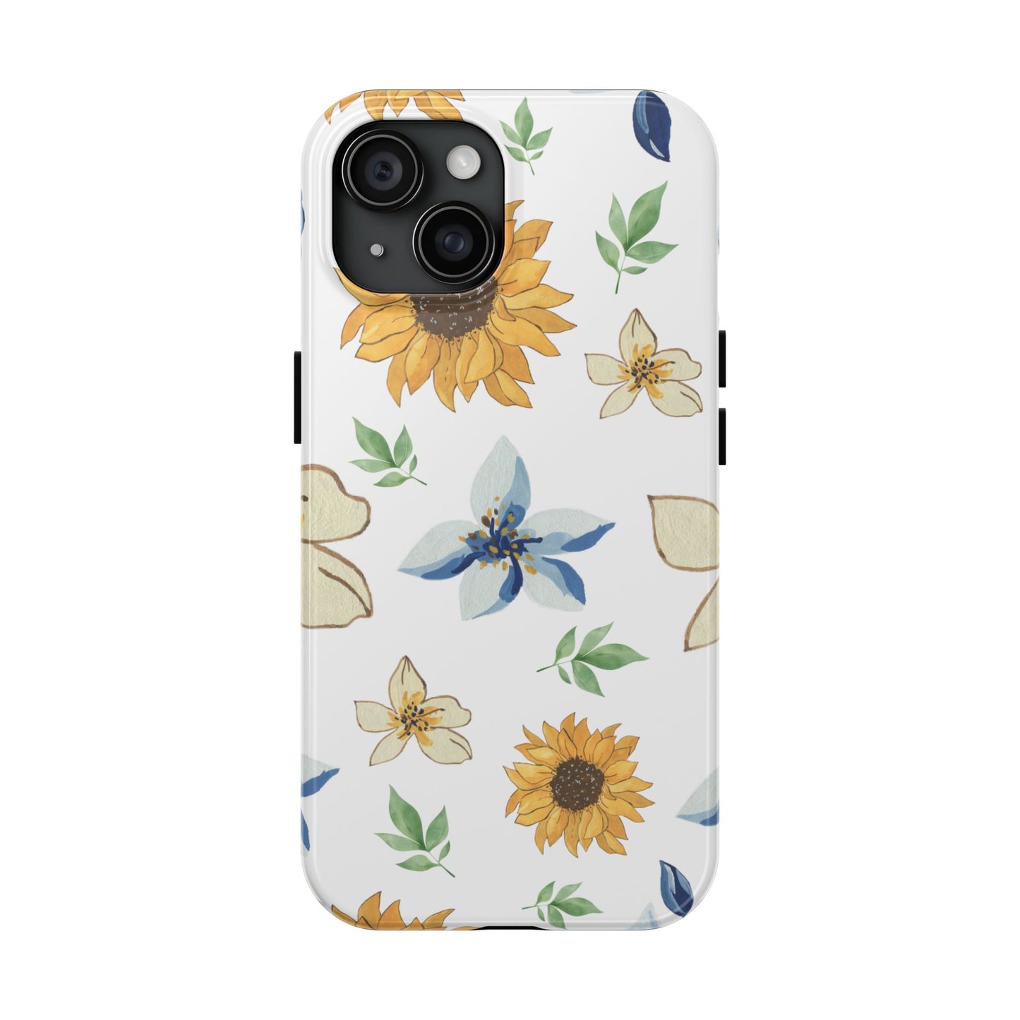 Floral Tough Phone Case — Watercolor Sunflower & Blue Blossom Protective Phone Case