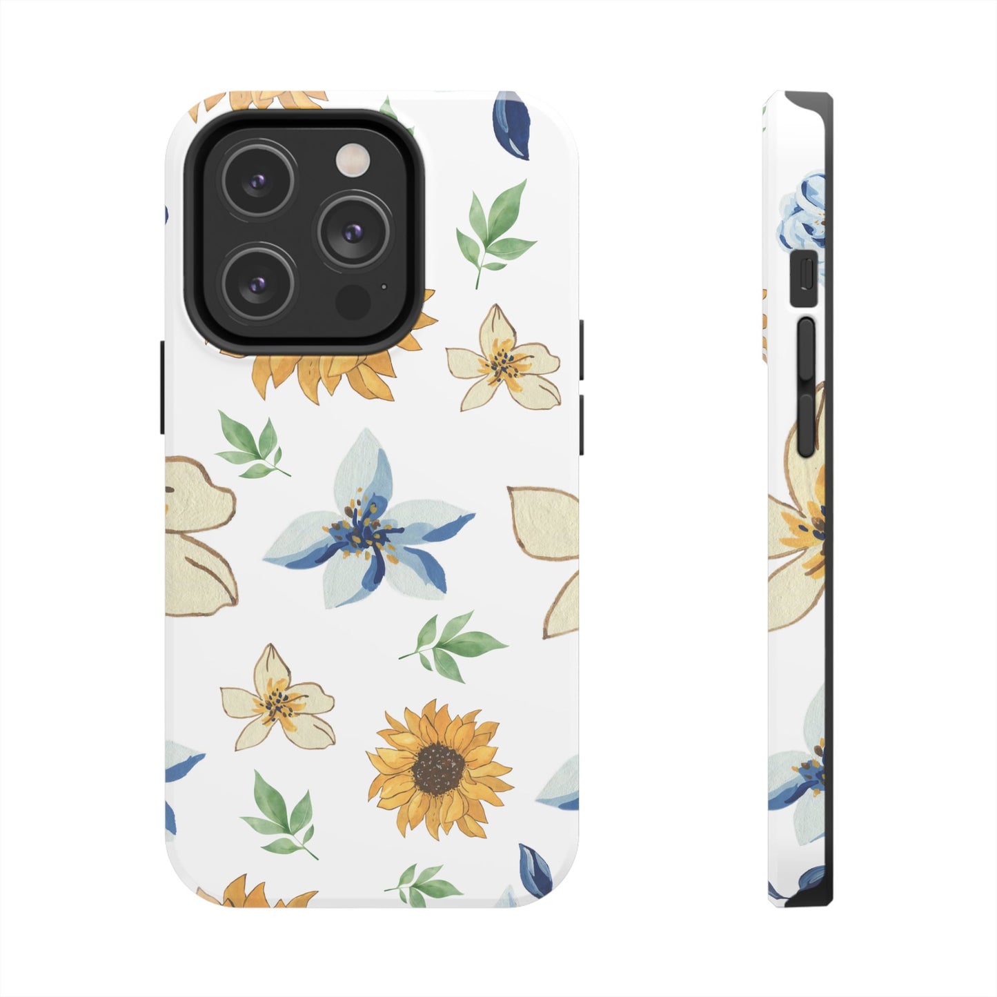 Floral Tough Phone Case — Watercolor Sunflower & Blue Blossom Protective Phone Case