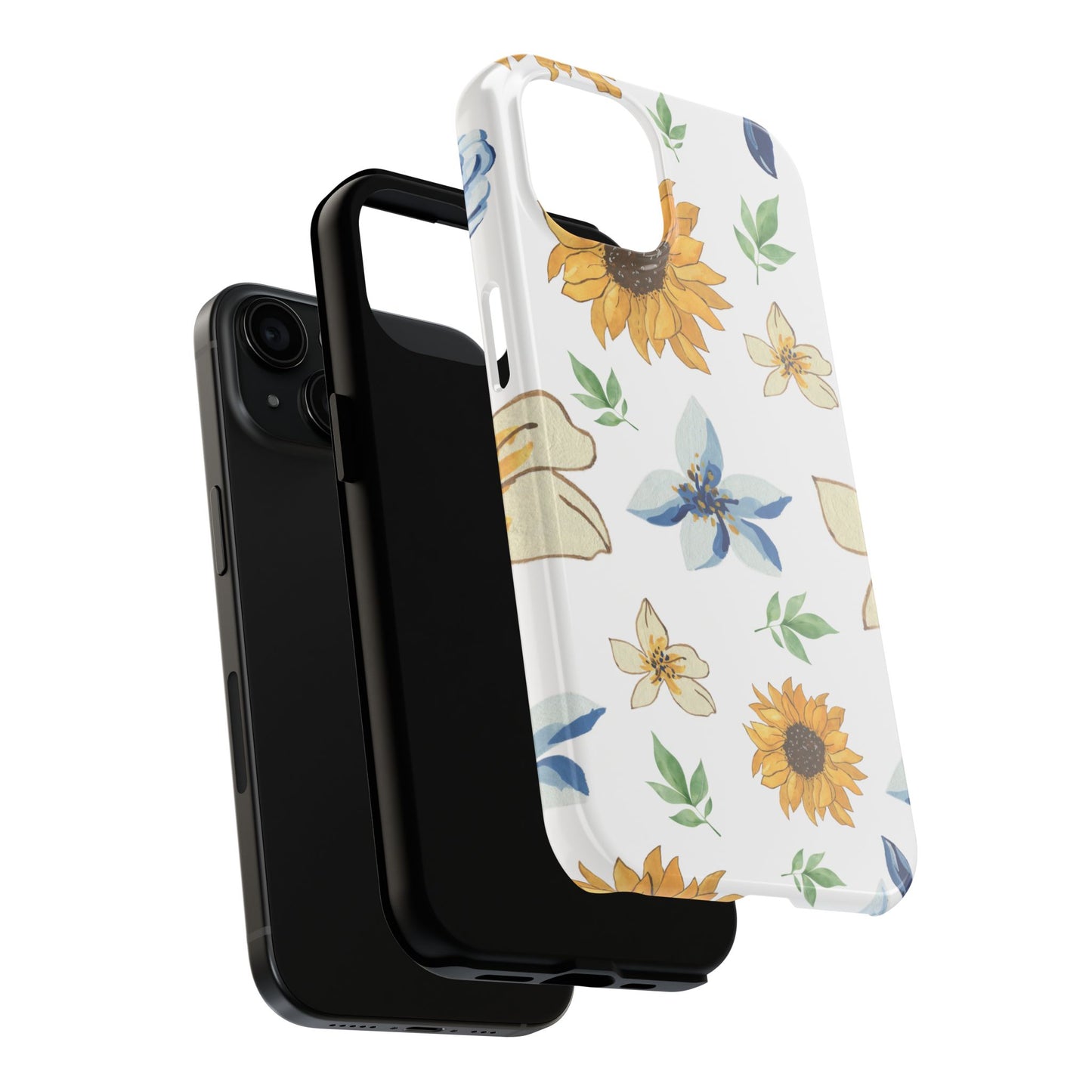 Floral Tough Phone Case — Watercolor Sunflower & Blue Blossom Protective Phone Case