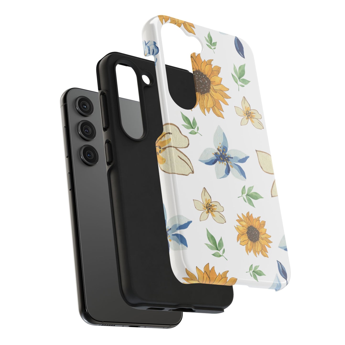 Floral Tough Phone Case — Watercolor Sunflower & Blue Blossom Protective Phone Case