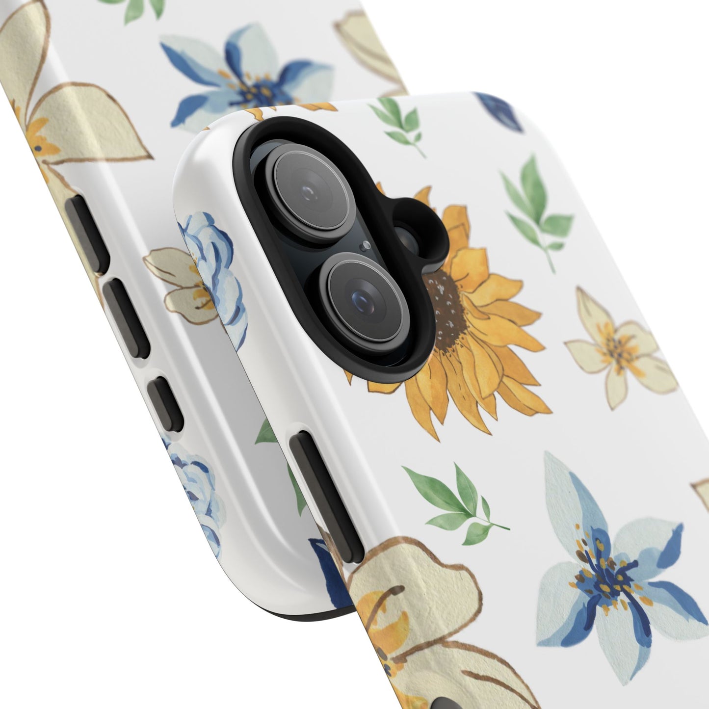Floral Tough Phone Case — Watercolor Sunflower & Blue Blossom Protective Phone Case