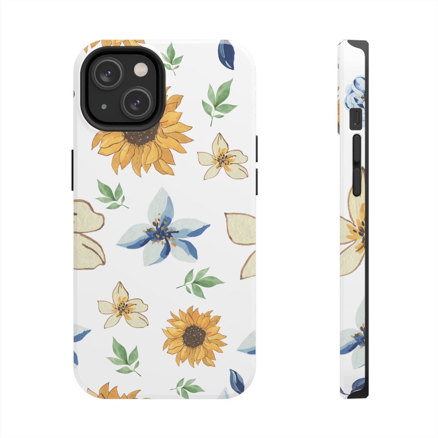 Floral Tough Phone Case — Watercolor Sunflower & Blue Blossom Protective Phone Case