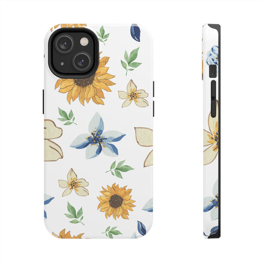 Floral Tough Phone Case — Watercolor Sunflower & Blue Blossom Protective Phone Case