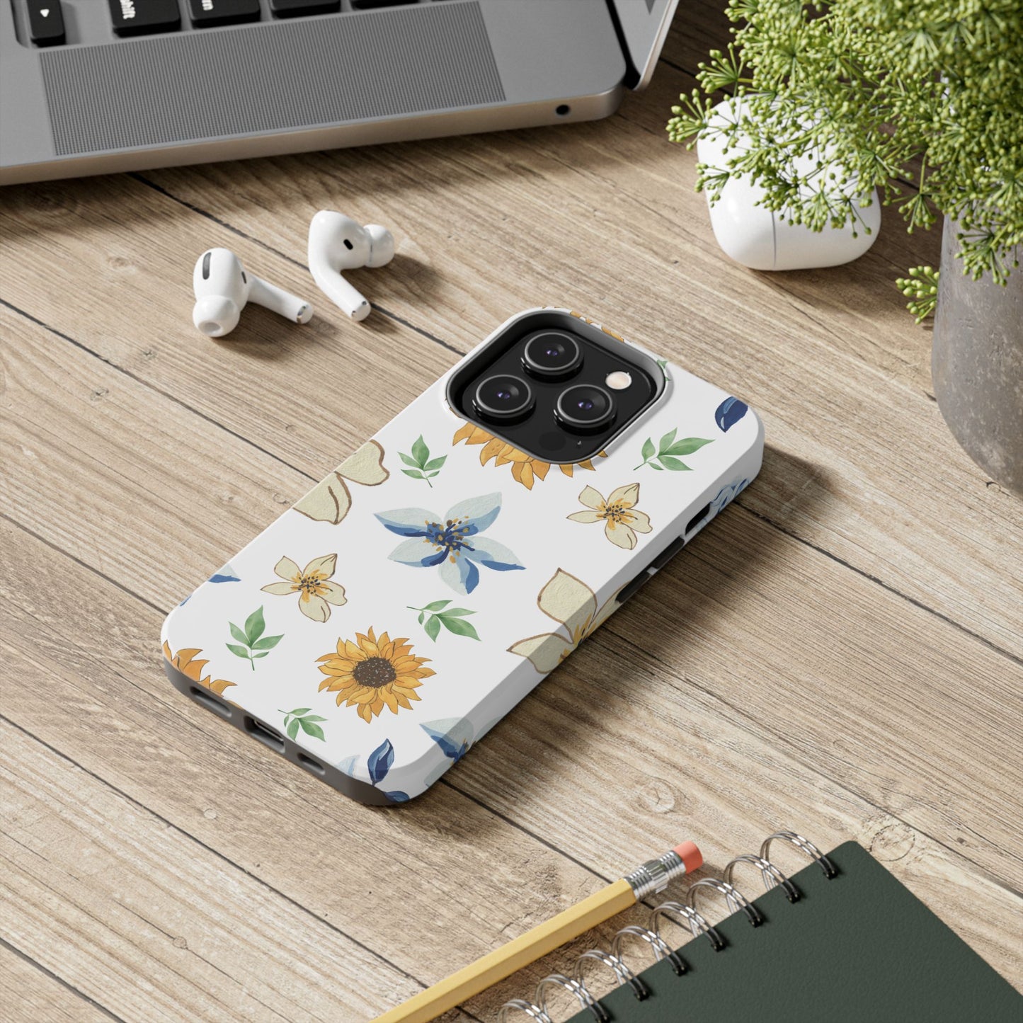 Floral Tough Phone Case — Watercolor Sunflower & Blue Blossom Protective Phone Case