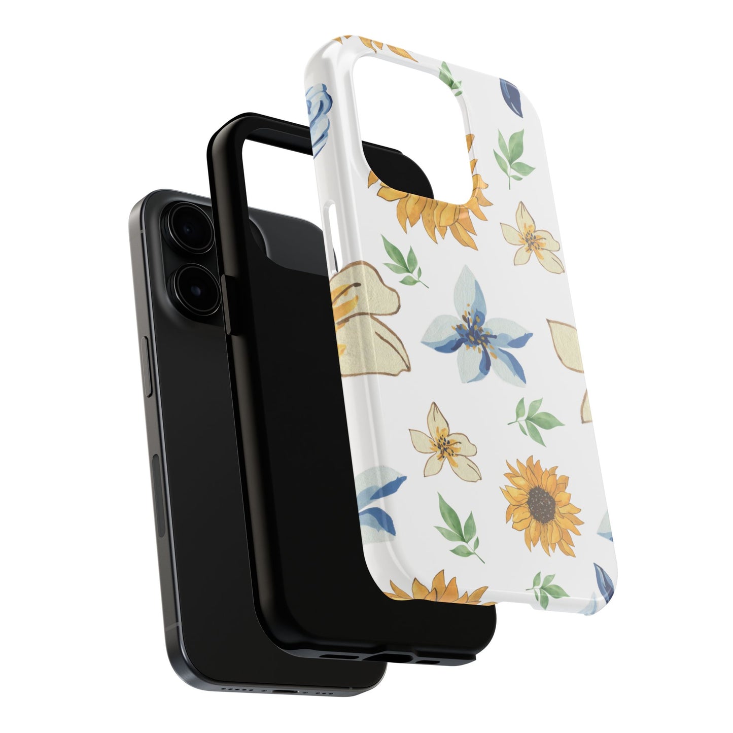 Floral Tough Phone Case — Watercolor Sunflower & Blue Blossom Protective Phone Case