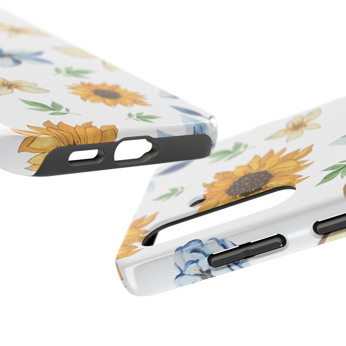 Floral Tough Phone Case — Watercolor Sunflower & Blue Blossom Protective Phone Case