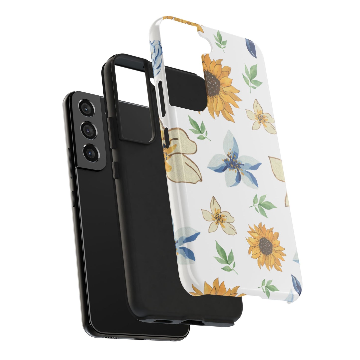 Floral Tough Phone Case — Watercolor Sunflower & Blue Blossom Protective Phone Case