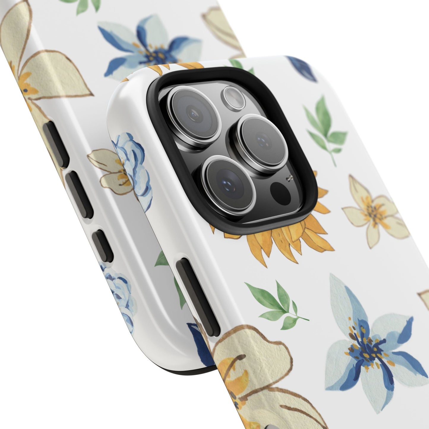 Floral Tough Phone Case — Watercolor Sunflower & Blue Blossom Protective Phone Case