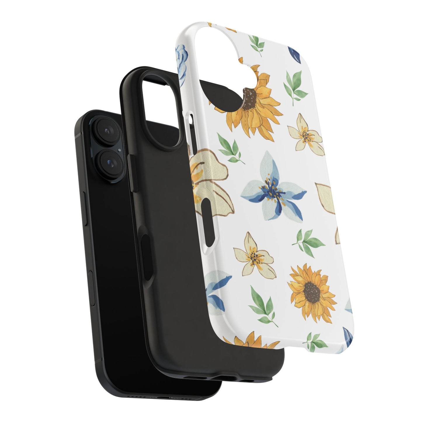 Floral Tough Phone Case — Watercolor Sunflower & Blue Blossom Protective Phone Case