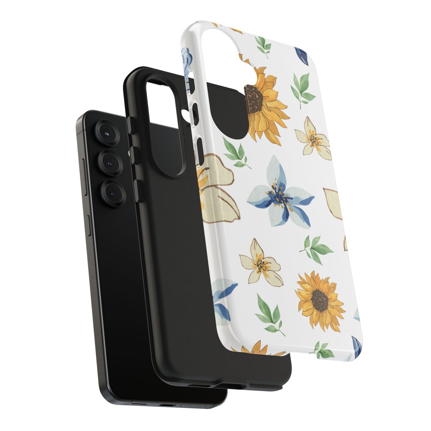 Floral Tough Phone Case — Watercolor Sunflower & Blue Blossom Protective Phone Case