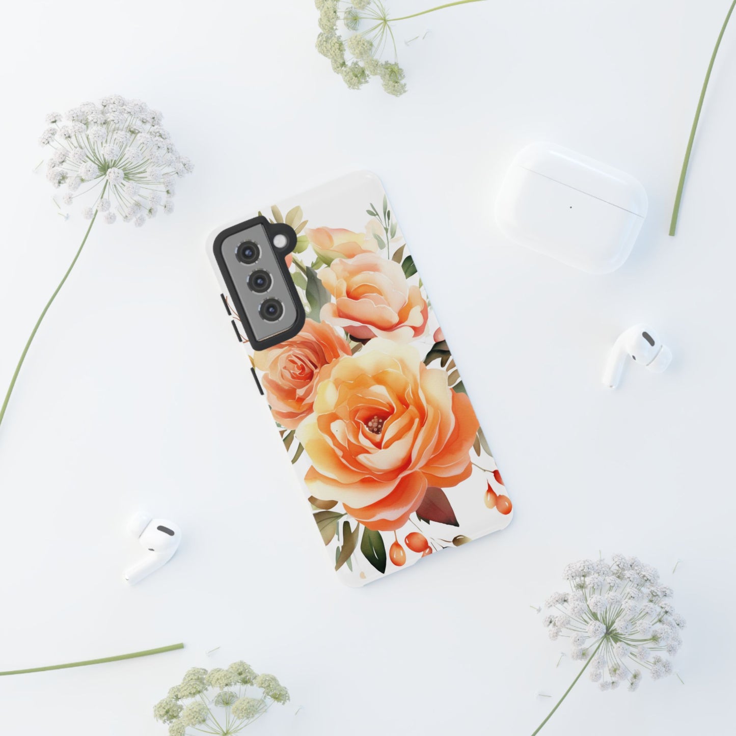 Floral Peach Rose Tough Phone Case — Protective Botanical iPhone Cover