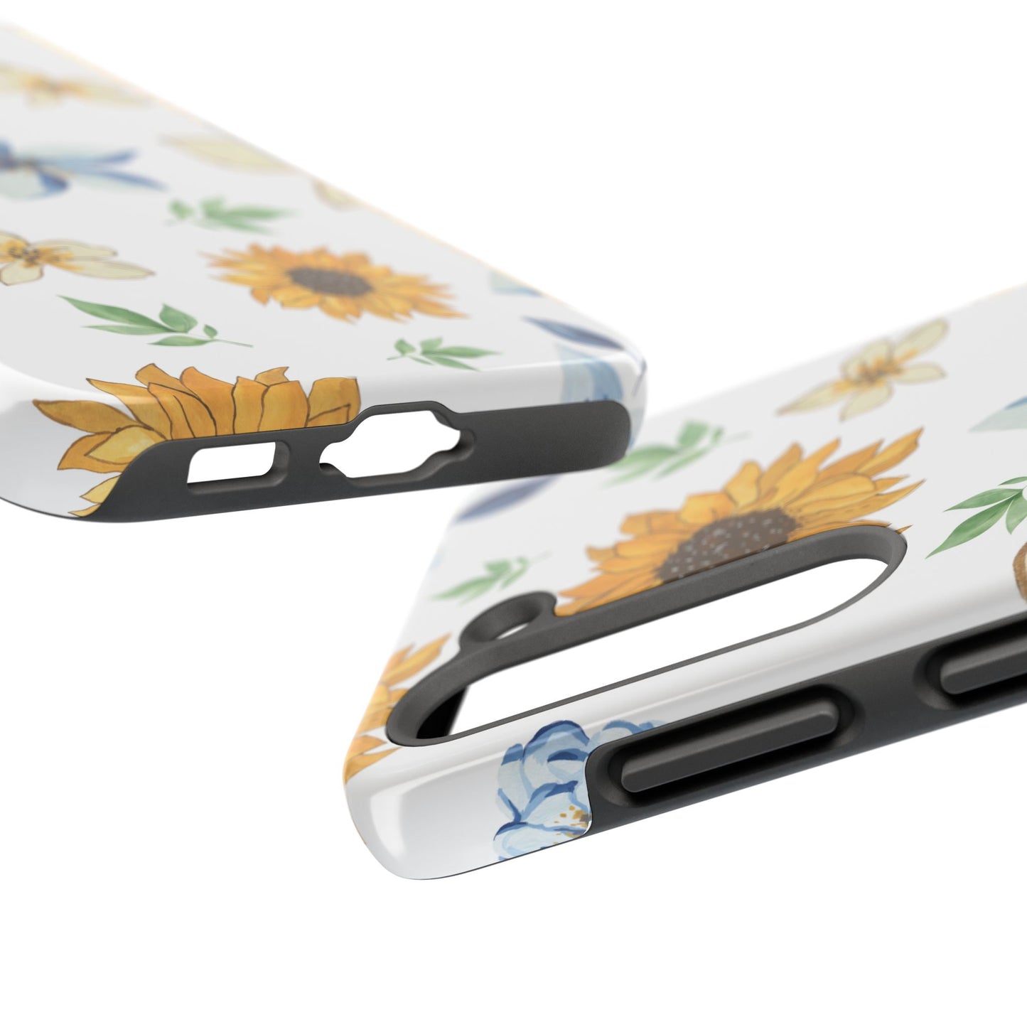 Floral Tough Phone Case — Watercolor Sunflower & Blue Blossom Protective Phone Case