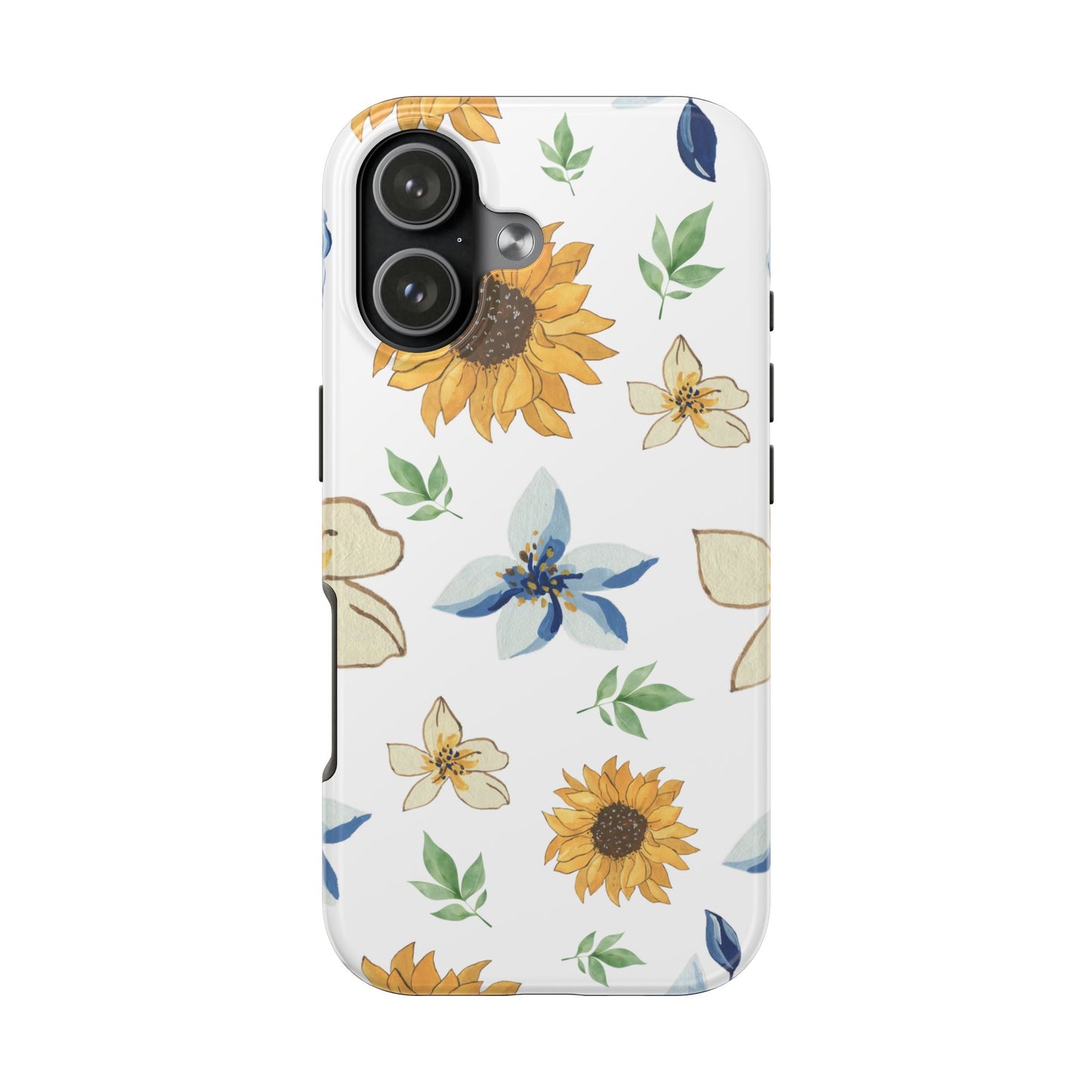 Floral Tough Phone Case — Watercolor Sunflower & Blue Blossom Protective Phone Case