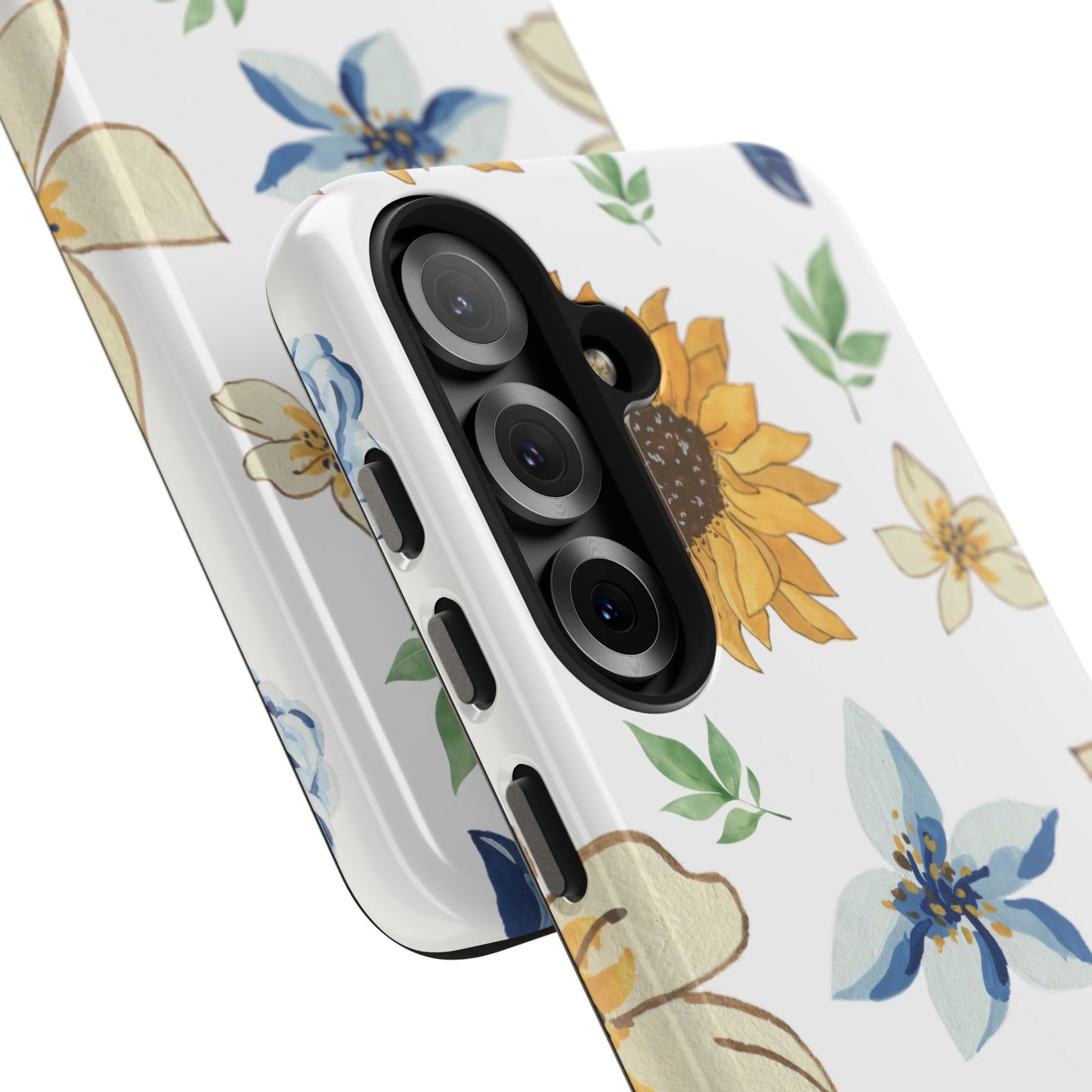 Floral Tough Phone Case — Watercolor Sunflower & Blue Blossom Protective Phone Case
