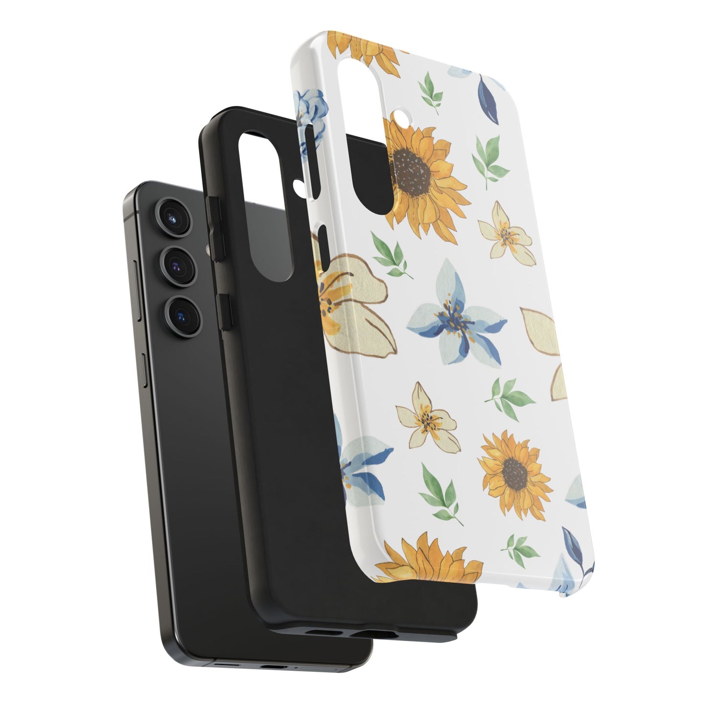 Floral Tough Phone Case — Watercolor Sunflower & Blue Blossom Protective Phone Case