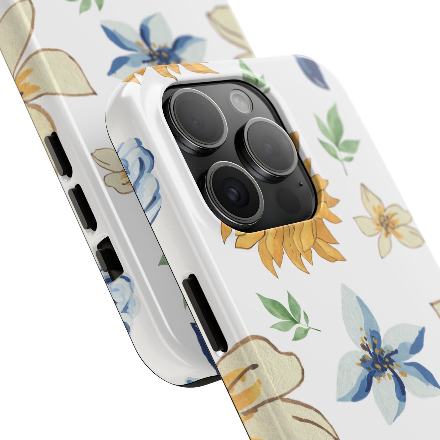 Floral Tough Phone Case — Watercolor Sunflower & Blue Blossom Protective Phone Case