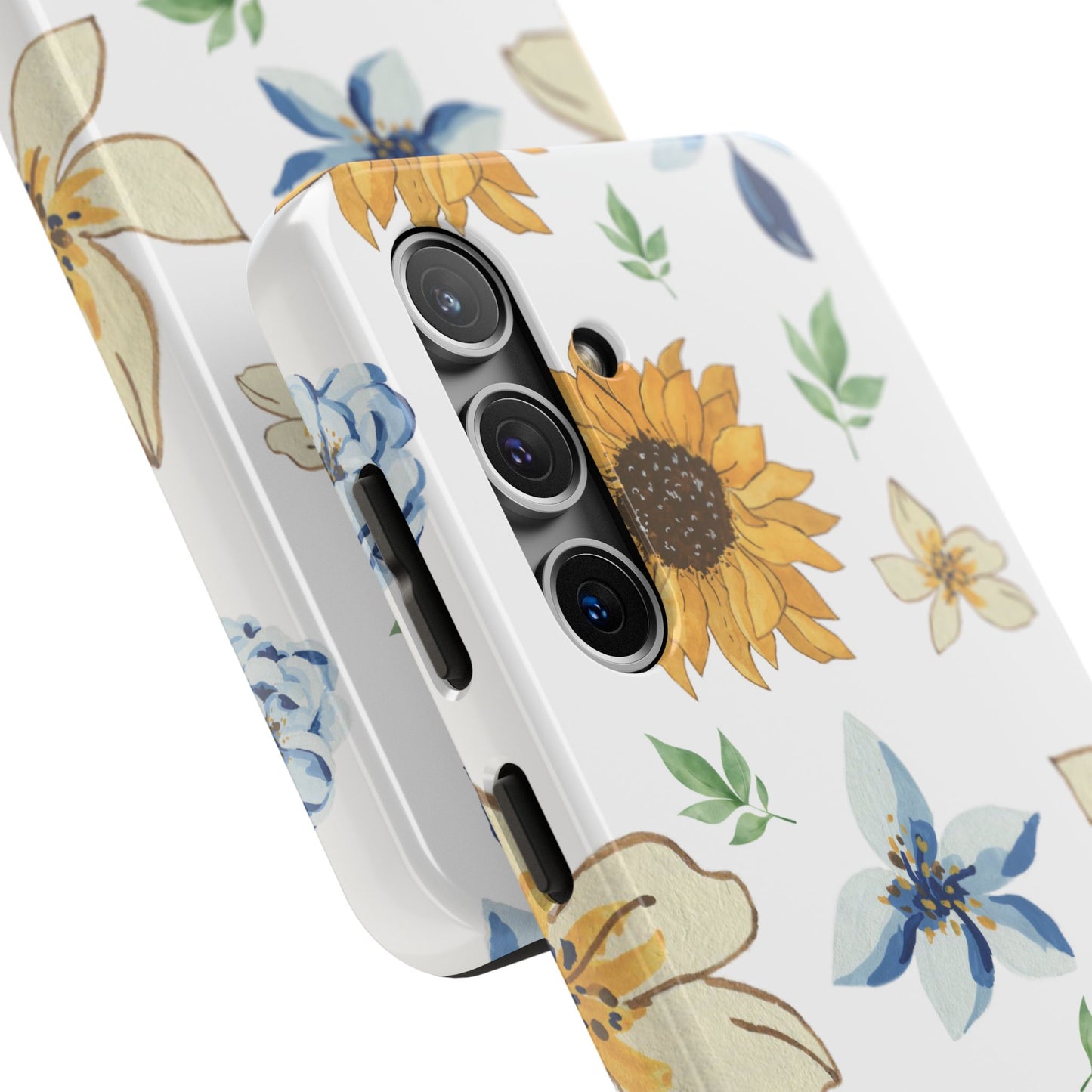 Floral Tough Phone Case — Watercolor Sunflower & Blue Blossom Protective Phone Case