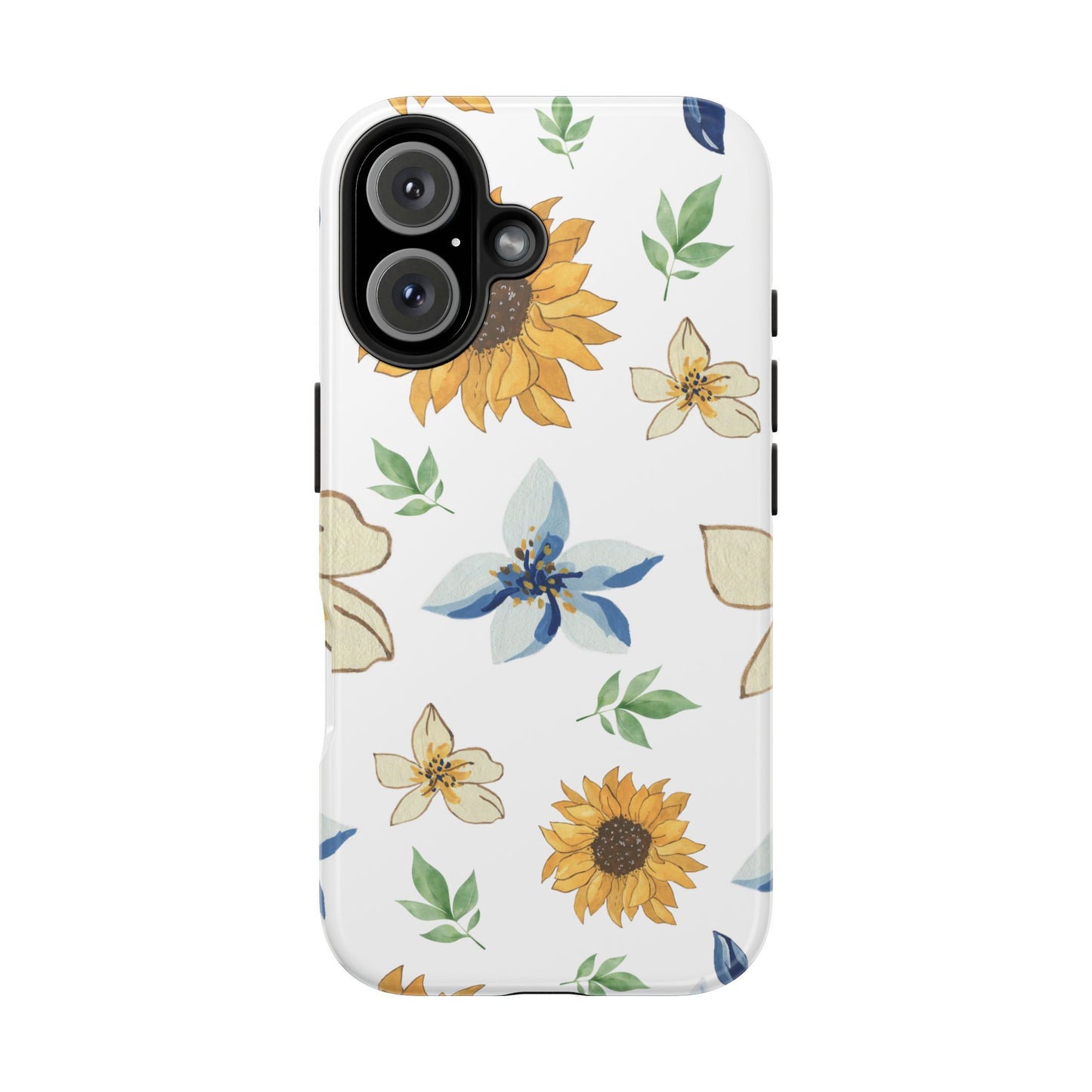 Floral Tough Phone Case — Watercolor Sunflower & Blue Blossom Protective Phone Case