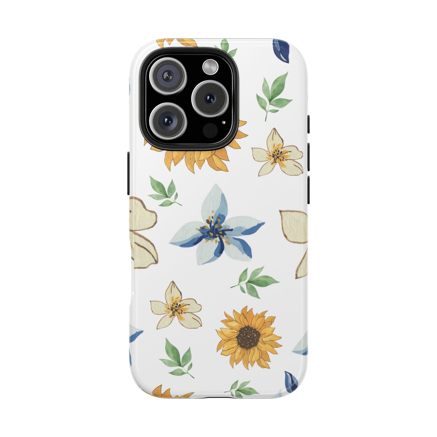 Floral Tough Phone Case — Watercolor Sunflower & Blue Blossom Protective Phone Case